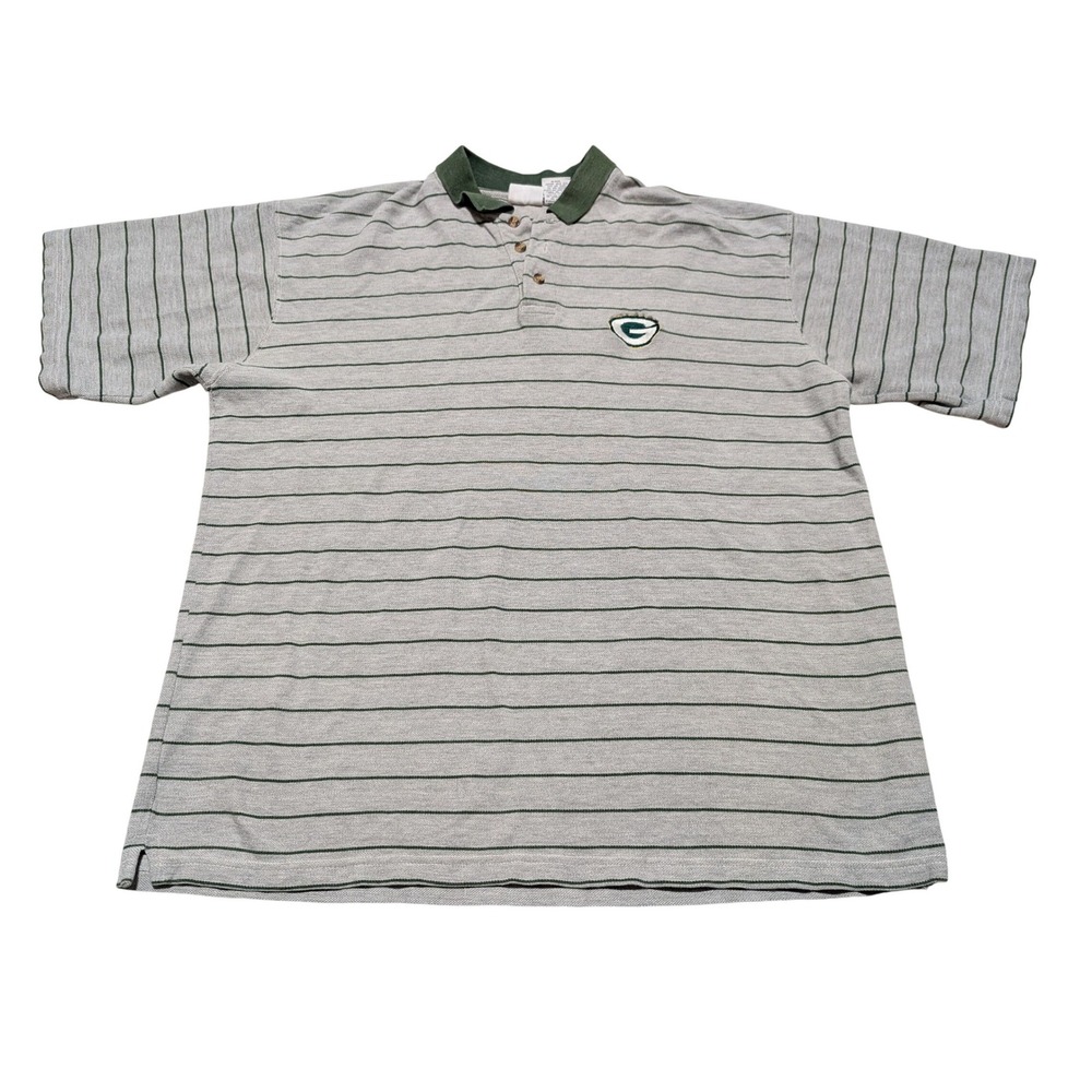 Vintage 90'sGreen Bay‎ Packers Striped Polo Shirt Mens XL Grey Green NFL Cotton
